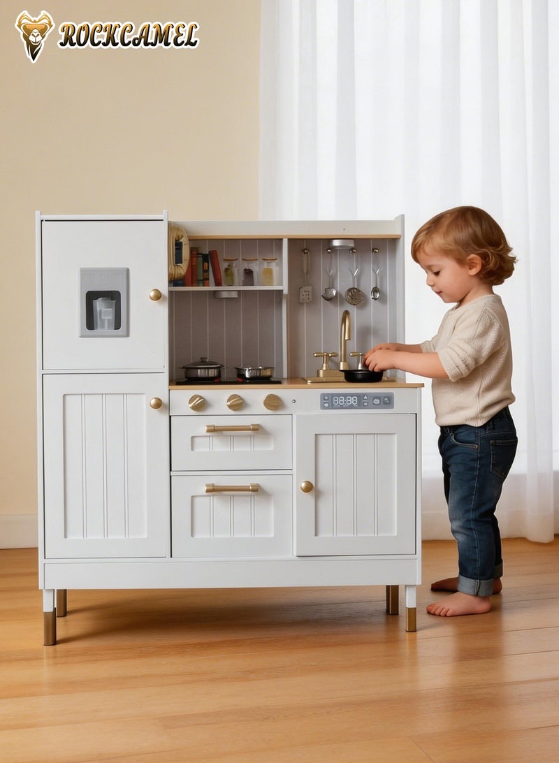 ROCKCAMEL Wooden Play Kitchen for Kids, Light & Sound Kitchen Pretend Playset with Working Sink, Faucet Toy & Storage, Interactive Kids Kitchen Playset for Role Play, Imagination & Creativity, White - Image 2